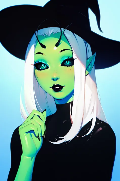 score_9, score_8_up, score_7_up, score_6_up, alien, alien girl, 1girl, solo, feminine, cute, freckles, green skin, alien antennas, white hair, black sclera, witch costume, pointy hat, beautiful face, beautiful eyes, expressive eyes, night scenario