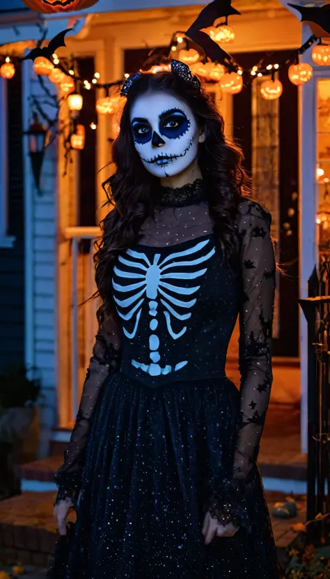 Realistic photo of a young woman standing in a Halloween-themed street at night, with all houses decorated with Halloween lights and pumpkins. The woman has detailed Halloween makeup, including spooky face paint (makeup:1.3). She is wearing a dark outfit w...