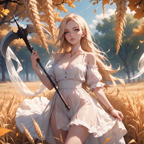 a ghostly see-through ethereal figure in a flowing white dress, with long blonde hair, piercing blue eyes, holding a reaper sickle, standing in a sunny wheat field with orange trees in the background, fall vibes, perfect face