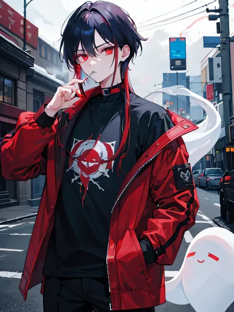 A handsome man, red crimson eyes color, dark blue hair color, thick jacket, T-shirt, black choker, scar, gangster, cigarettes, lighter, smoking, a beautiful sister ghost, ghost behind, ghost hand wrap around neck, night time, spirit, ghost girl, ghost hand...