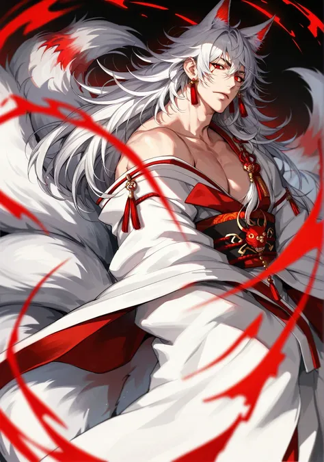 muksal,1boy,red eyes, solo, jewelry, tassel earrings, piercing, looking at viewer,dynamic angle,dynamic pose,correct proportions, handsome man, white hair with red tips, long hair, messy hair, wearing a yukata, Kitsune ears, kitsune tail with red tips, 9 t...