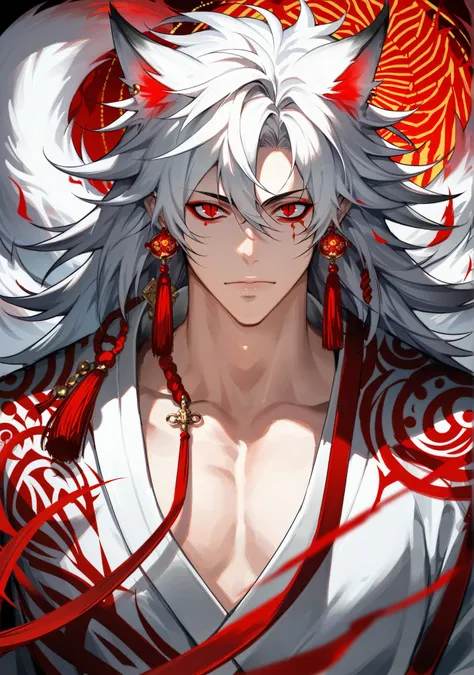 muksal,1boy,red eyes, solo, jewelry, tassel earrings, piercing, looking at viewer,dynamic angle,dynamic pose,correct proportions, handsome man, white hair with red tips, long hair, messy hair, wearing a yukata, Kitsune ears, kitsune tail with red tips, 9 t...