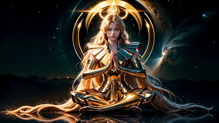 (((1man))) very realistic ultra detailed photo of a photorealistic shaka handsome man with a background of chinese writing in the shape of a circle yellow energy, tattered virgo gold shiny metal armor, long red hair, blue eyes, dynamic pose, eyes detailed ...