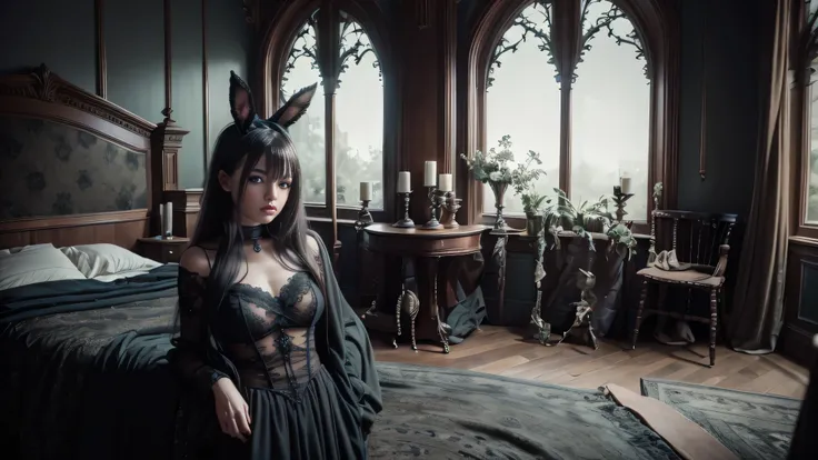 Cowboy shot, young girl, A beautiful girl with long black hair in a candle lit dark room, wearing sexy black bunny ears, striking a playful pose, serene expression, detailed facial features, beautiful lips, delicate skin, soft lighting, cinematic compositi...