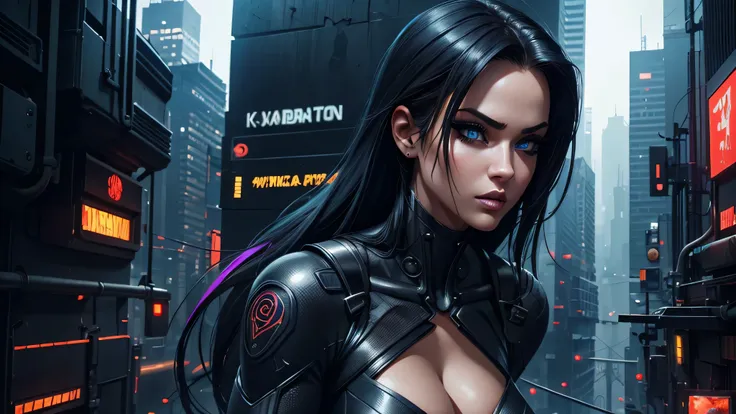 a gorgeous woman, ninja, ninja suit, full body, standing, overlooking a cyberpunk city, beautiful eyes, beautiful detailed lips, extremely detailed face and eyes, long eyelashes, mysterious expression, dramatic lighting, vibrant colors, cinematic compositi...