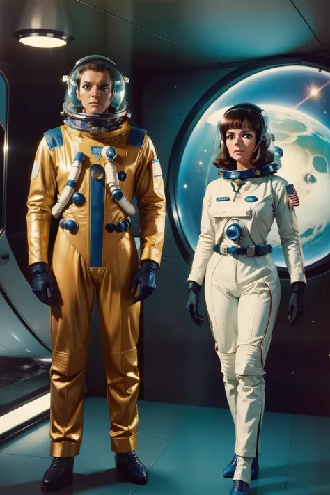 two women in spacesuits stand next to a man in a space suit, retro sci - imagem de fi, 1 9 6 0's sci - fi, 7 0's vintage sci - e...