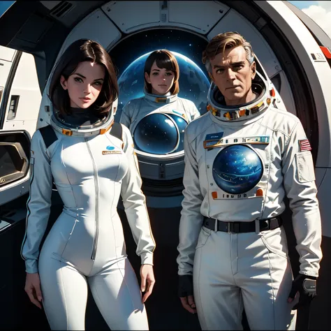 two women in spacesuits stand next to a man in a space suit, retro sci - imagem de fi, 1 9 6 0's sci - fi, 7 0's vintage sci - e...