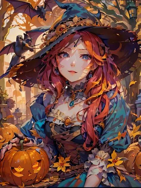 a long-faced girl with bright blue eyes, red long hair, and elegant victorian witch attire, smiles under noon sunlight.  surroun...