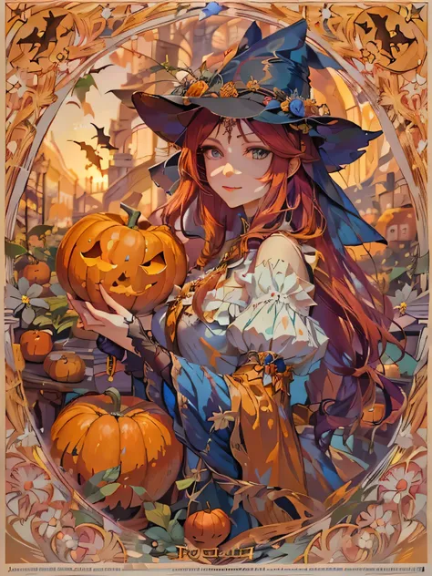 a long-faced girl with bright blue eyes, red long hair, and elegant victorian witch attire, smiles under noon sunlight.  surroun...