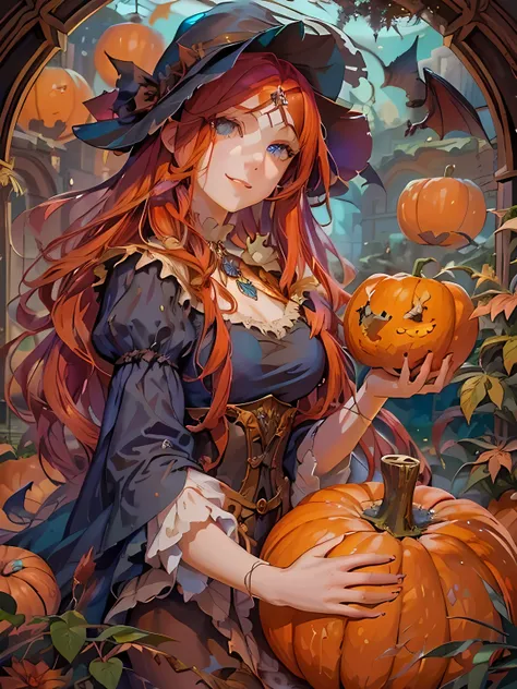 a long-faced girl with bright blue eyes, red long hair, and elegant victorian witch attire, smiles under noon sunlight.  surroun...