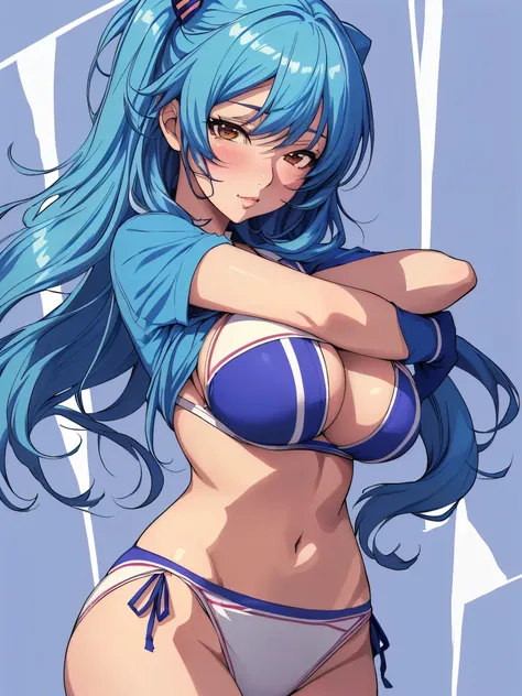 a close up of a cartoon of a woman in a bikini, seductive anime girl, oppai, anime girl named lucy, anime best girl, ecchi anime style, ecchi, anime girl, rei hiroe, beautiful alluring anime teen, (anime girl), fluffy chest, an anime girl, breasts covered ...