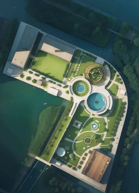 park design by zaha hadid , people, gardens, huts, trees, flawless, realistic. roof plan, top aerial view, fish tank