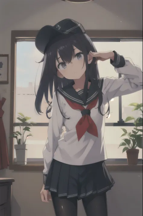 akatsuki,  flat cap,  sailor suit,  white shirt,  long sleeve , pantyhose, salute,  head tilt, green,  window , shine,  cowboy s...