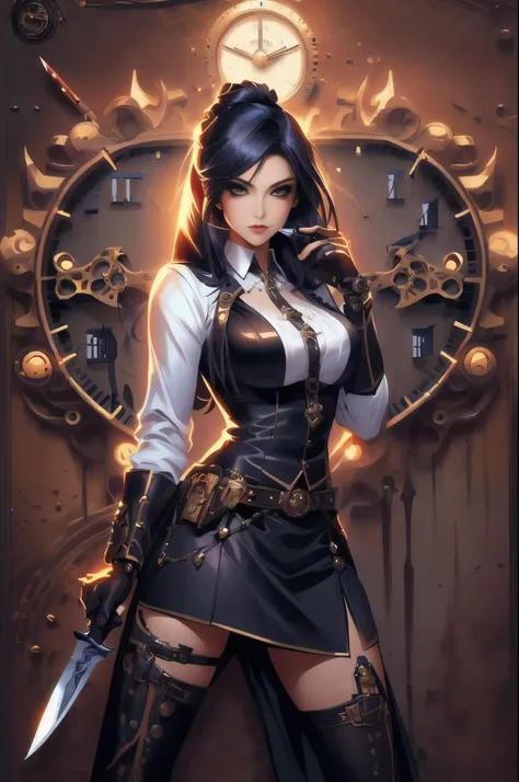 a woman in a skirt and a white shirt holding a knife, zenescope, pinup art, clockpunk, steampunk pin-up girl, pinup. lord of dag...