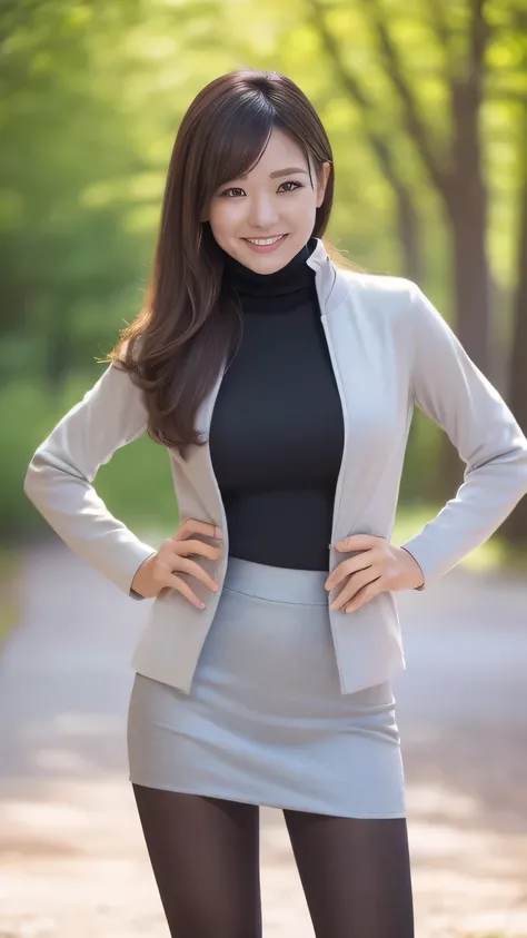  Best Quality  、8k、masterpiece、  ultra high resolution 、Clear Photo、  professional lighting  、Natural Light、Realistic、 High Definition Skin、  perfect anatomy、One Woman、Age 30、baby face:1.8、Large Breasts、blonde 、Beautiful Hair、smile、(Tight Suit、 gray jacket...