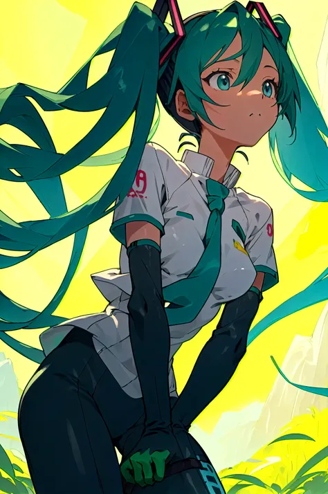 Hatsune Miku pedaling alone on a mountain bike trail in Whistler, Canada, on a sports bike vibrant details in blue and green . She wears slightly looser cycling clothes , like a short sleeve t-shirt and comfortable pants , giving a radical and relaxed...
