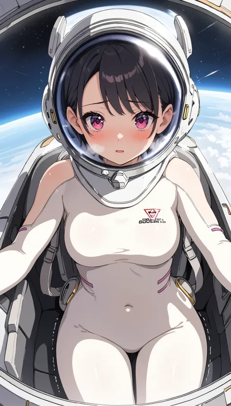 1人of女of子,Alone,short hair,(Space Suit:1.15), Black Hair Space Helmet ,whole body, indoor, masterpiece of the highest quality, trembling, difficulty breathing, bodysuit,Lumine , Bubble Helmets , short hair, backpack,gloves,blush,internal (cockpit) of (Fu...