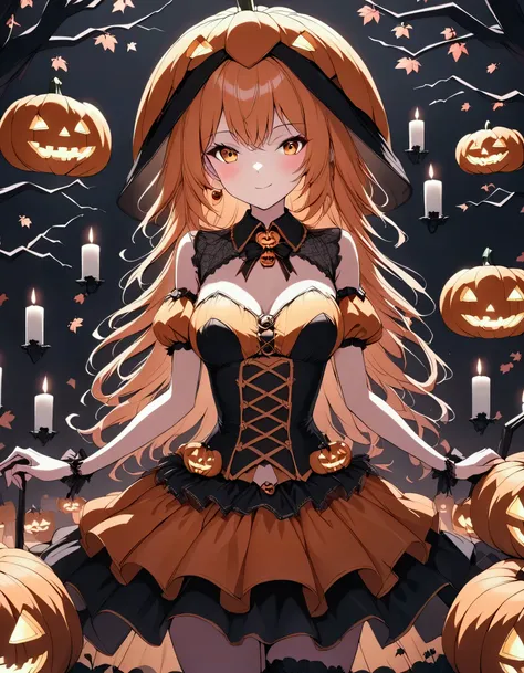 "an anime girl dressed in a glamorous orange and black pumpkin-inspired costume with a corset top and layered skirt. she stands ...