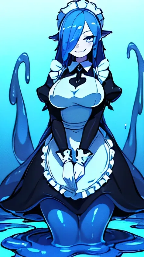 ((((masterpiece, best quality ,Ultra delicate, perfect face,Detailed eyes,16k,high resolution)))),((brown long hair,high viscosity light blue slime body:1.3,light blue slime girl, Melting below the legs:1.7,Best Anime)), ,( 1 girl),Large Breasts,( Maid Cos...