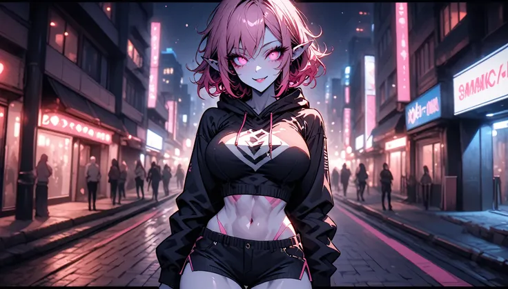 solo, short alien woman, short messy hair, dark pink hair, black sclera:1.7, bright pink eyes, triangular ears, large breasts, v...