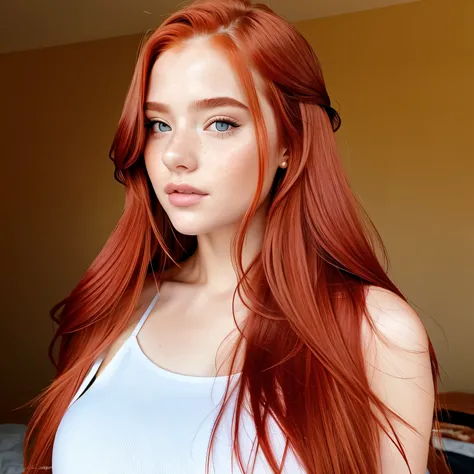 Please,   create the image of a 20-year-old influencer  . she is redhead, with long and straight hair ,   straight hair that falls softly over her shoulders  . Your eyes are brown, brilliant and expressive,  standing out on her face .   She has a clear and...