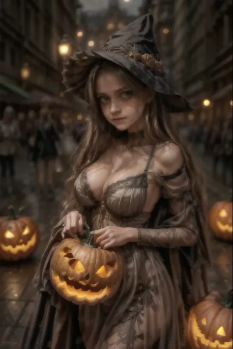 a cute pumpkin queen, highly detailed face, beautiful detailed eyes, beautiful detailed lips, extremely detailed face, long eyel...