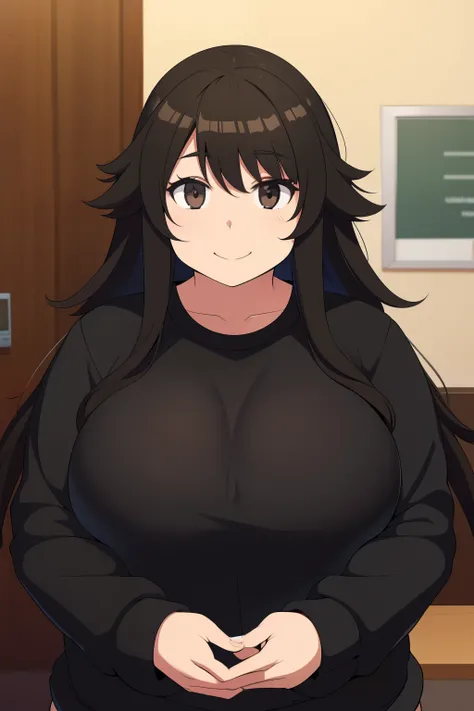 Chubby big breasts black hair brown eyes happy long messy hair smile deredere black sweatshirt 