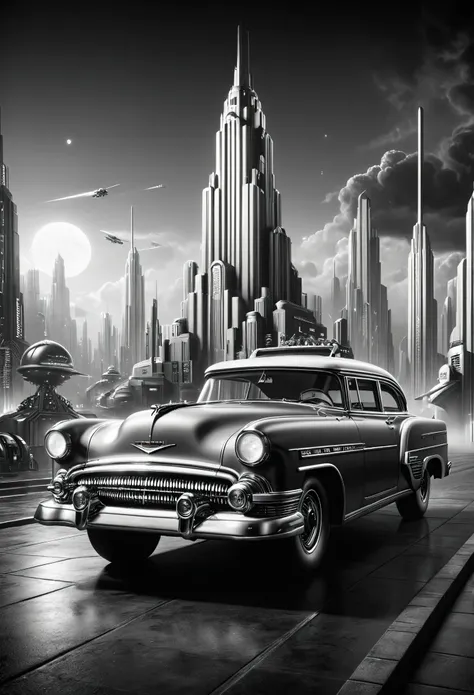 

"a hyper-realist,  burgers  (8k), (better quality,Sharp and clear image), demonstrating the style of ( 1950s Black and White Science Fiction Film Poster Style :1.6). A imagem apresenta (realistic, photorealistic ,  photorealistic s )  elements that creat...