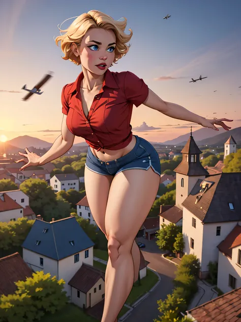 Blonde girl with short hair, blue eyes, CURVES, breasts, thighs, wearing a red blouse and blue shorts flying over a small village, sunrise