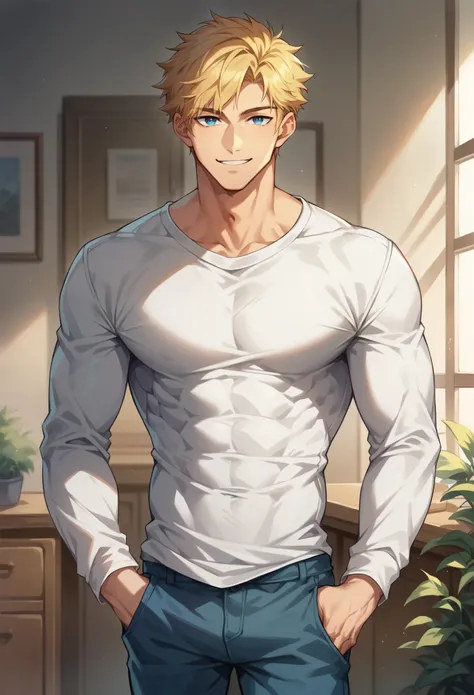 score_9, score_8_up, score_7_up, score_6_up, 1boy, solo, straight hair, short hair, blonde hair, blue eyes, muscular, white shirt, long sleeves, pants, indoors, standing, looking at viewer, smile