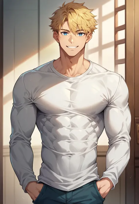 score_9, score_8_up, score_7_up, score_6_up, 1boy, solo, straight hair, short hair, blonde hair, blue eyes, muscular, white shirt, long sleeves, pants, indoors, standing, looking at viewer, smile