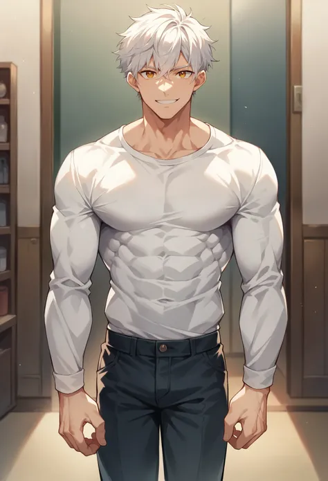 score_9, score_8_up, score_7_up, score_6_up, 1boy, solo, straight hair, short hair, White-silver hair, amber eyes, muscular, gigachad, white shirt, long sleeves, pants, indoors, standing, looking at viewer, smile.