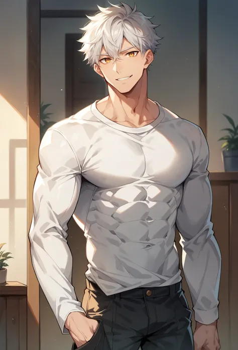 score_9, score_8_up, score_7_up, score_6_up, 1boy, solo, straight hair, short hair, White-silver hair, amber eyes, muscular, gigachad, white shirt, long sleeves, pants, indoors, standing, looking at viewer, smile.
