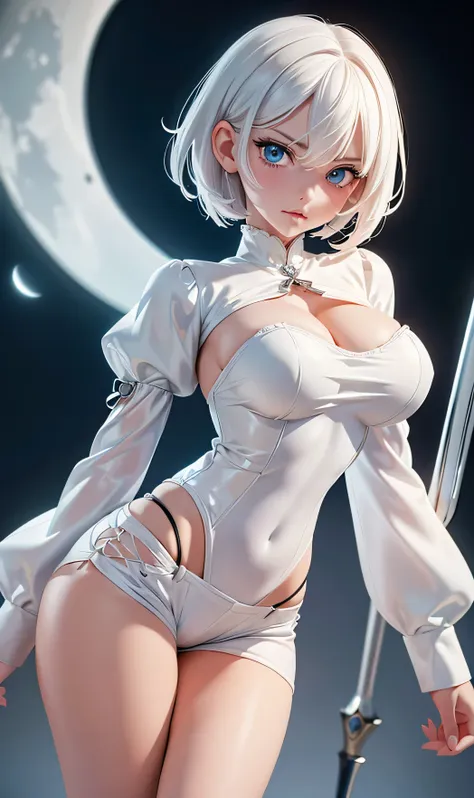 masterpiece , 1 girl,  short hair ,  white hair ,  lunar on the cheek, blue eyes,  chas arqueadas, annoyed,  full body, slim, pi...