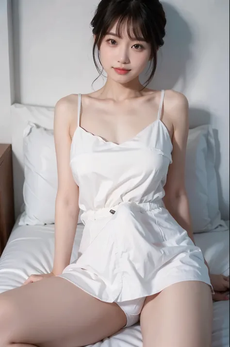  beautiful asian girl in a beautiful white short dress showing her medium sized breasts and thighs, Rest in bed,  smirk , Shows medium sized breasts and thighs., Erection under clothes