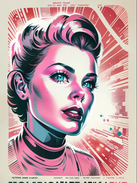 Vector for printing on a t-shirt of a female face style from science fiction movies from the 1950s, , image with white background, highlight for stylized image of 1950s space movies and their visual