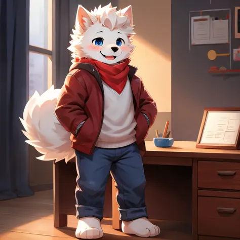 samoyed, boy,  cute , blush, happy face,  blue eyes on the desk, red jacket,  jeans, scarf, standing, barefoot,