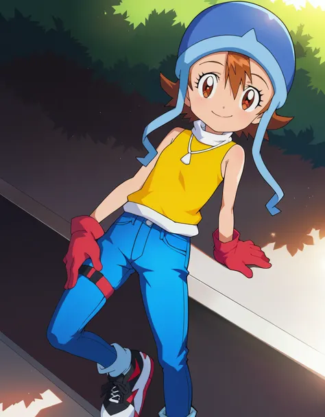 score_9, score_8_up, score_7_up, BREAK, source_cartoon, source_anime,
1girl, solo,  digimon, 1girl, solo, sora, brown hair, brown eyes, short hair, hair between eyes, blue helmet, hat straps, yellow turtleneck, sleeveless, white collar, jeans, black sneake...