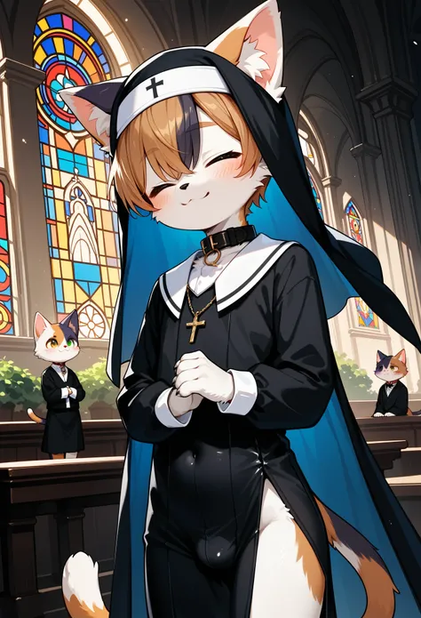 Super high resolution, detailed background, Kemoshota, innocent kindergarten furry boy, tail, smiling, closed eyes, blushed, embarrassed, furry ears, collar, church yard, close-up,  calico cat boy( brown, black, white fur), furry ears, tight black nun cost...