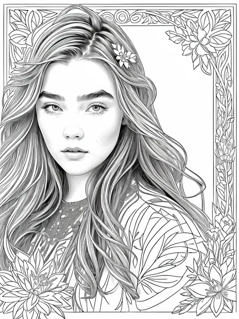 masterpiece, line art of a female character, Florence Pugh shocked expression, detailed country garden background, Art Deco designs,, style by double exposure, no shading, for coloring page, white space, no shadowing,