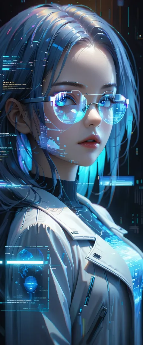 ((masterpiece:1.2)),(( Ultra High Resolution Cyberpunk Art )),(( Highly Detailed Art )),((Unity 8K quality )), cowboy shot ,(( Very Beautiful 24 Year Old Girl )), very beautiful face , An Extraordinary Beauty , Long Smooth Blue Hair ,(( Cyber Hologram Glas...