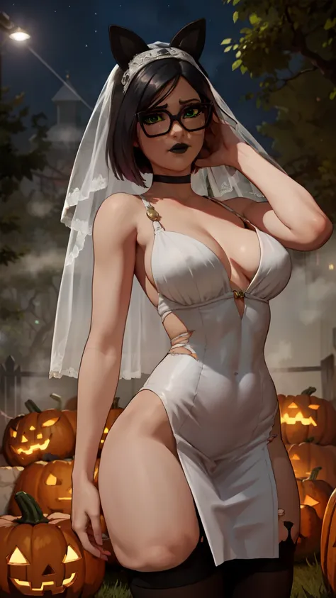 1 girl,black lips,choker, Night, (masterpiece) evening (Halloween pumpkins,
 dark forest, fog🎃, Night)half body(Best Quality) (Alone), looking at the viewer, high detailed,extremely detailed, fine green eyes,dynamic pose,wedding dress,bridal veil,torn dres...