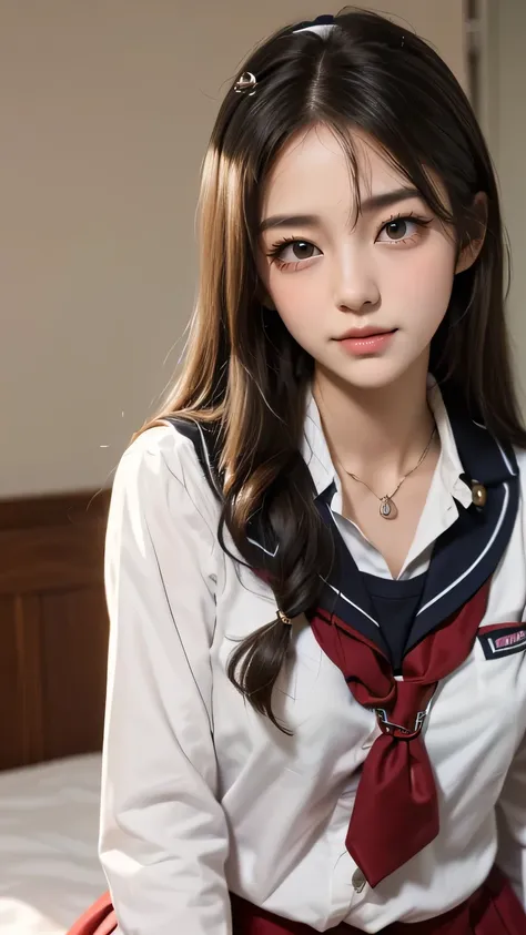 (((best quality))), ((masterpiece)), ( details), ((alone)), ((((( girl in a high school girl uniform:1.3,chest is open, clevis))...