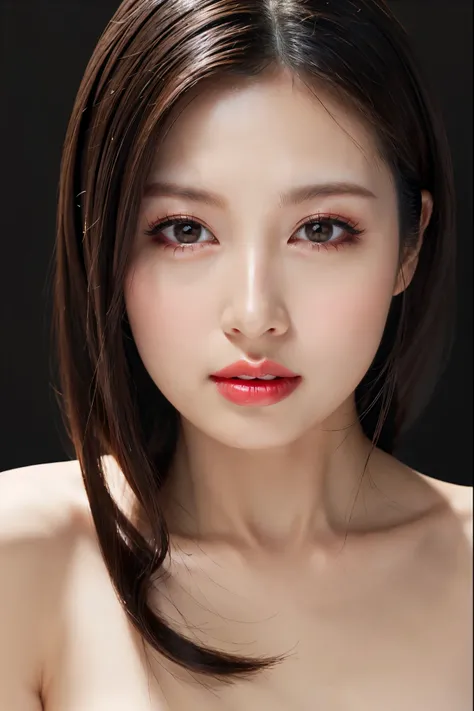 (Highest quality、Tabletop、8k、Best image quality、Award-winning works)、Cute beauty、(nude:1.5)、(The simplest pure black background:1.5)、(Face close-up:1.6)、Accentuate your body lines、Beautiful and exquisite、Expressionless、(look straight at me:1.1)、(stand upri...