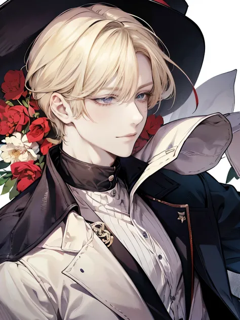 Solo, anime drawing of a man with blonde hair and a red eye, handsome anime pose, clean anime outlines, praying posture, side part bangs, medium hair length, anime portrait of a handsome man, male anime style, smirk facial