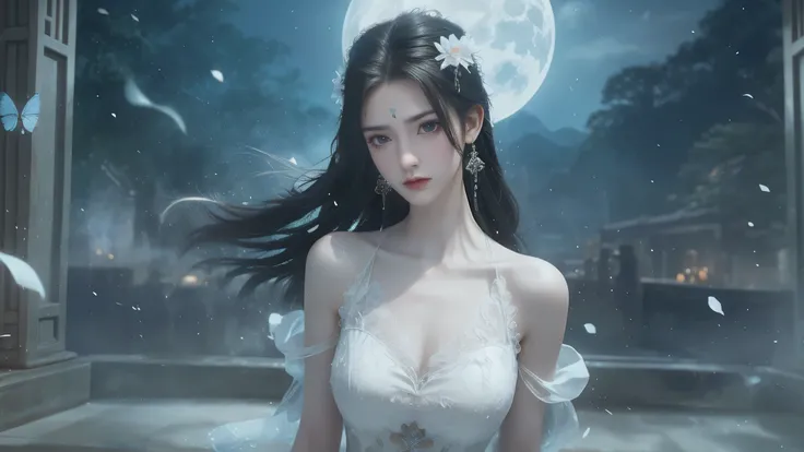 A beautiful woman with perfect curves wearing a long white dress that gently flutters in the air,The beautiful woman was standing in a sea of beautiful flowers surrounding her, Chinese traditional, her flexible body increasing with every movement, So ench...