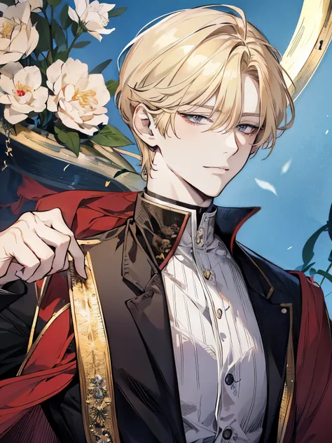 Solo, anime drawing of a man with blonde hair and a red eyes, handsome anime pose, clean anime outlines, praying posture, side part bangs, medium hair length, anime portrait of a handsome man, male anime style, smirk facial
