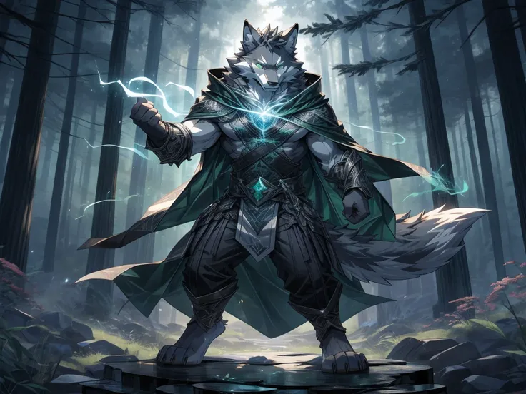 wolf, (gray fur:1.3), Endomorph, Handsome, Revitalize, harm, Contempt, elegant demeanor, calm expression, (barefoot:1.3), (deep black-green Arcane Light Cloak:1.3), masterpiece, (16K), HD, Various facial details, detailed background, very detailed, dynamic...