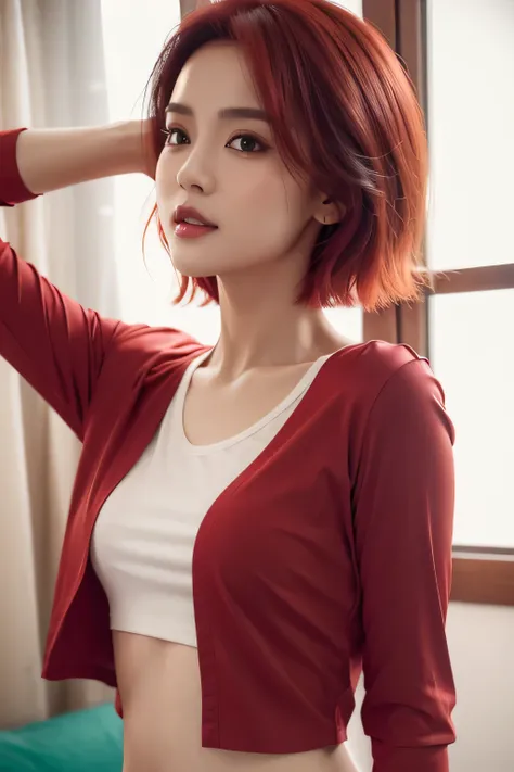 shy , Belly button shirt, Short hair, 8k Octane Render, White skin, black shirt, อาย, Licking the navel, My navel was licked by a boy, ผมสีชมพู, Show your lower belly, red hair, Beautiful long navel, Bright red hair mixed with bright green, cute red long-s...