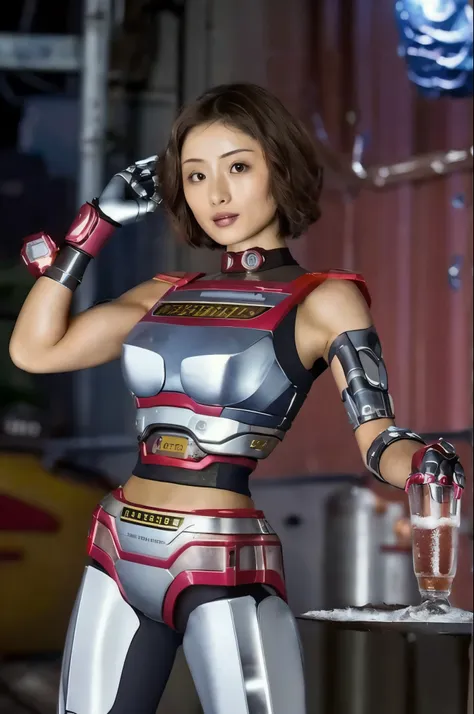 realistic, cinematic photography, ((ishihara satomi))  as a cyberpunk jaspionquiron character,  (rusty,  cybernetic arm damage )...